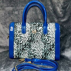 Bebe Royal Blue Patent Leather Handbag with White Leopard Print